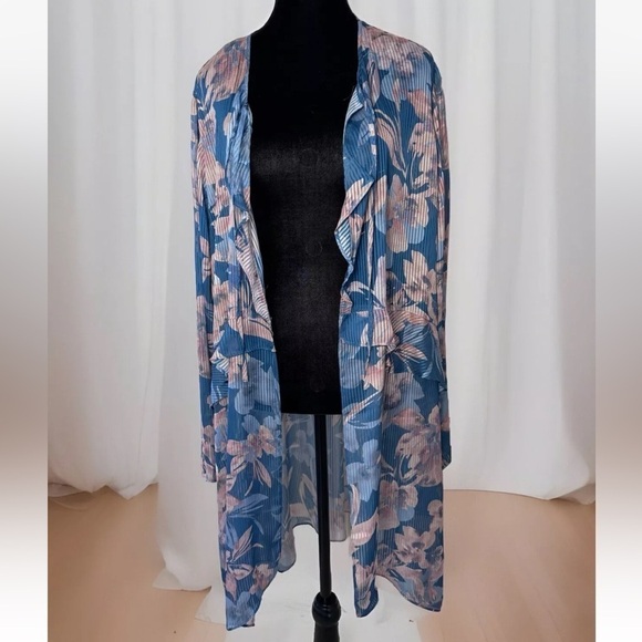 Lori Goldstein Top Kimono Topper Duster XL Blue Sheer Striped Floral Open Front - Picture 1 of 11